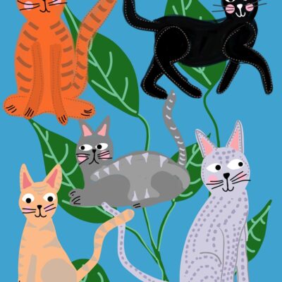 Cats and Leaves Blue Art Print