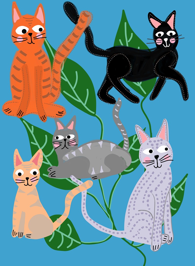 Cats and Leaves Blue Art Print