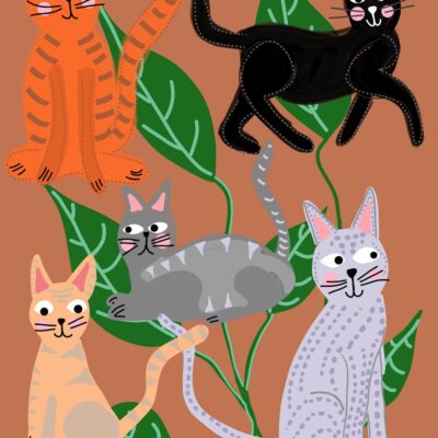 Cats and Leaves Brown Art Print