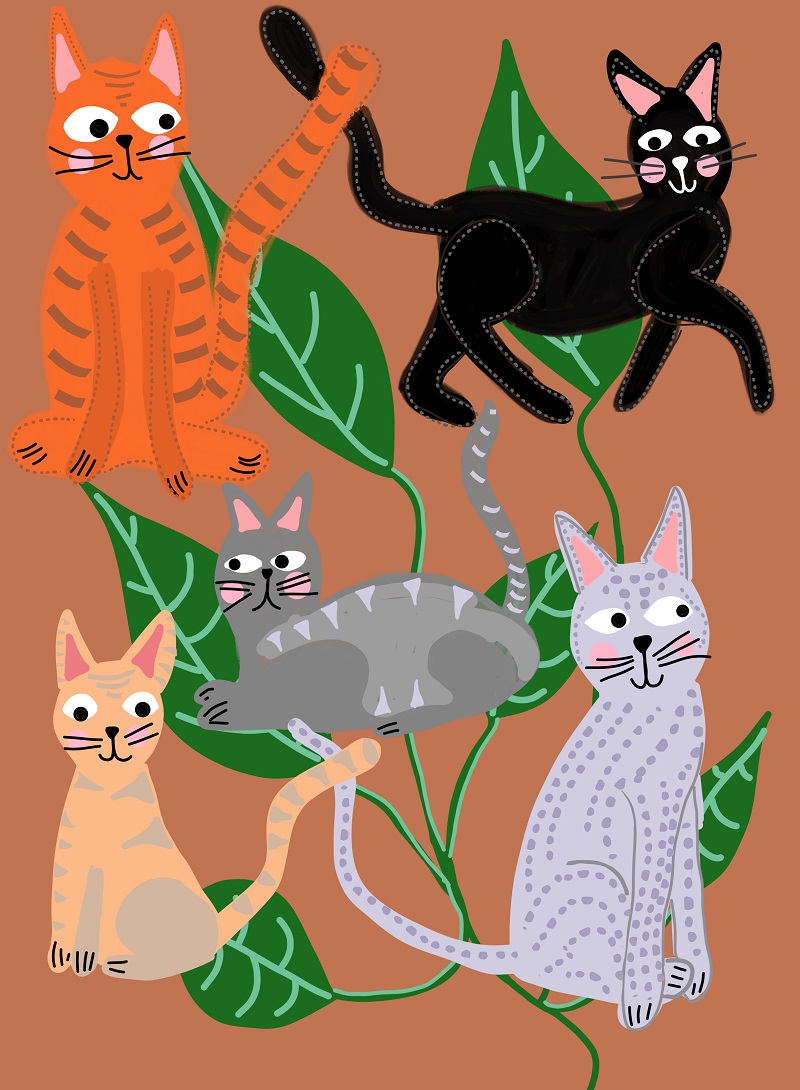 Cats and Leaves Brown Art Print