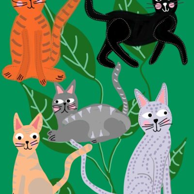 Cats and Leaves Green Art Print