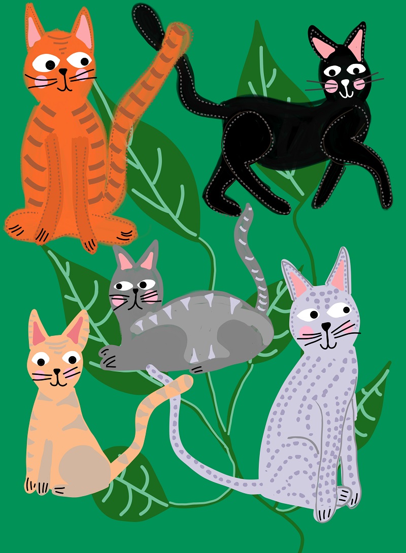 Cats and Leaves Green Art Print