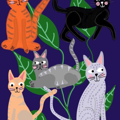 Cats and Leaves Indigo Art Print