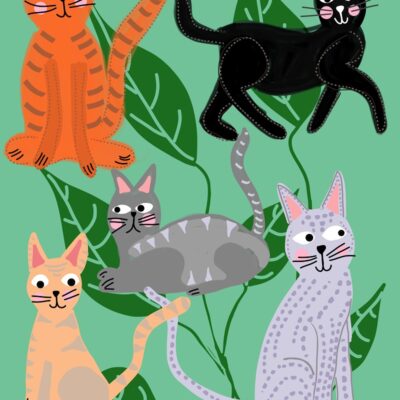Cats and Leaves Pistachio Green Art Print
