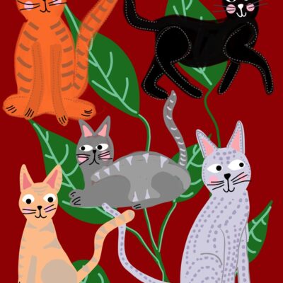 Cats and Leaves Red Art Print