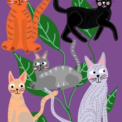 Cats and Leaves Violet Art Print