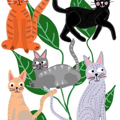 Cats and Leaves White Art Print