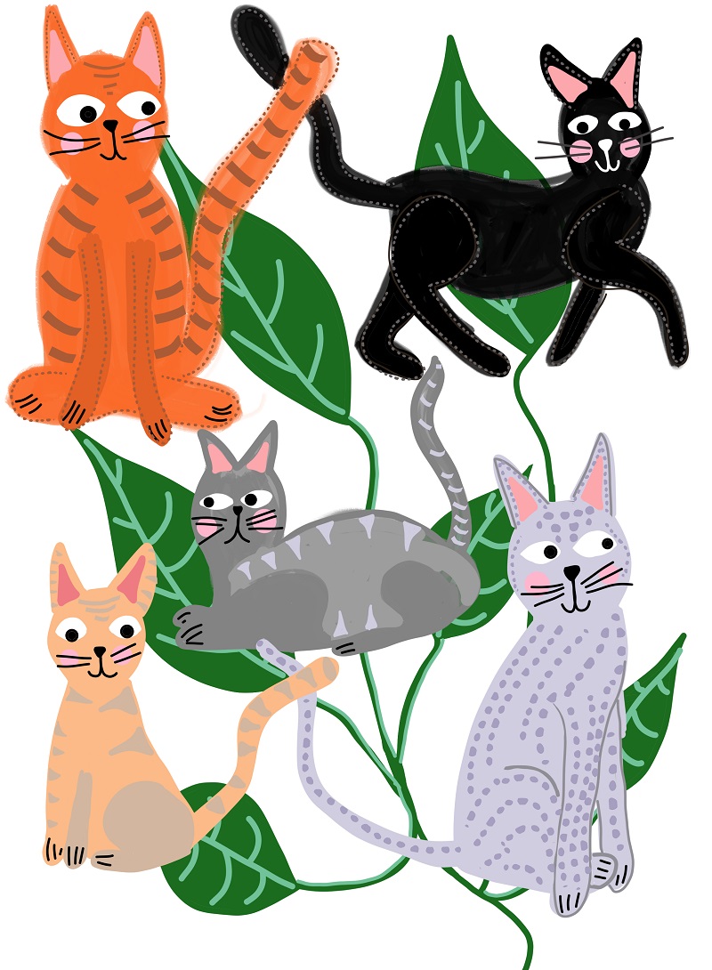 Cats and Leaves White Art Print