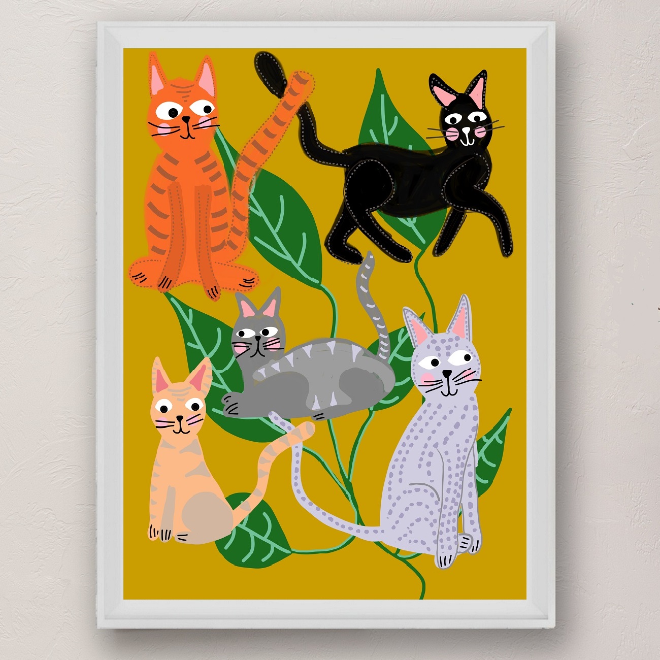 Cats and Leaves Mustard Yellow Art Print