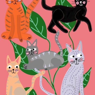 Cats and Leaves Coral Pink Art Print