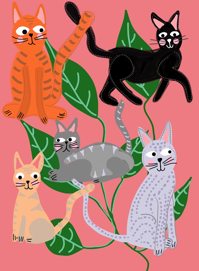 Cats and Leaves Coral Pink Art Print