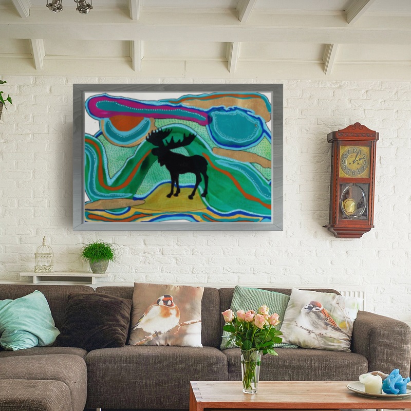 *Psychedelic Moose II* is a bold and surreal art print featuring the silhouette of a moose bursting with vibrant, kaleidoscopic color. The moose’s iconic form is filled with swirling patterns and electric hues—think vivid purples, hot pinks, neon blues, fiery oranges, and acid greens—that ripple and blend in hypnotic, dreamlike waves. The psychedelic style gives the piece a sense of movement and energy, as if the moose is both grounded in nature and drifting through a cosmic landscape. Its surreal color palette and playful, mind-bending vibe make *Psychedelic Moose II* a striking fusion of wildlife and imagination—wild, unexpected, and totally unforgettable.