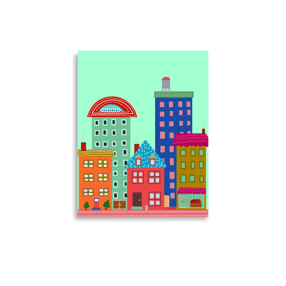 Pistachio Green Cityscape Folk Style Illustration Urban Afternoon Art Print - Image 3
