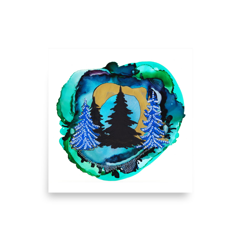 Nordic Pines Surreal Art Print with Gold and Blue - Image 3