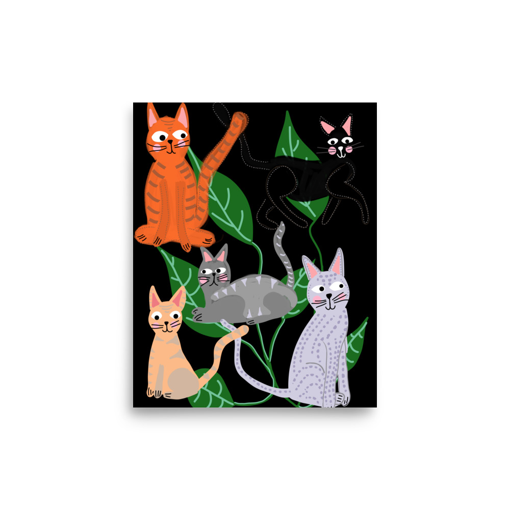 Cats and Leaves Black Art Print - Image 3