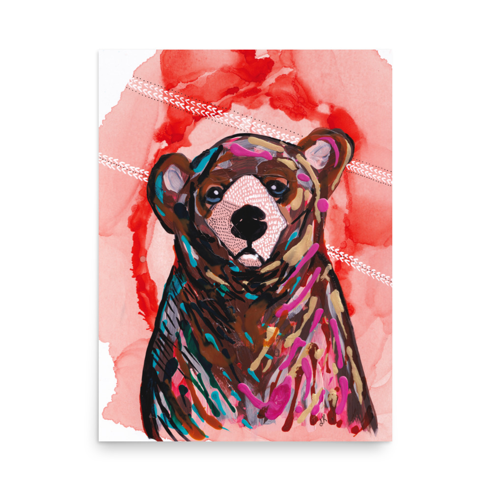Bear wildlife Portrait, Tired Impressionism painting, Art Print with Orange Background - Image 3
