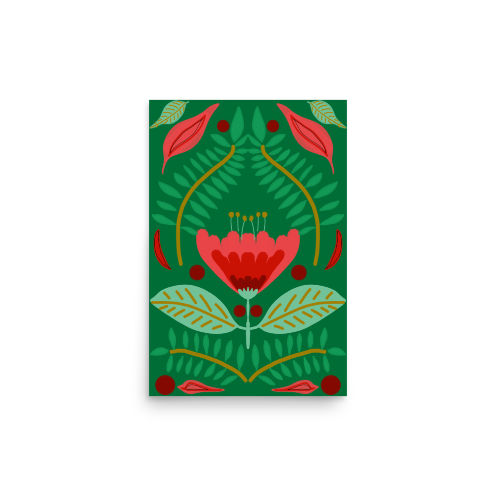 Red Tulip Floral Art Print on Meadow Green Background - Image 2
