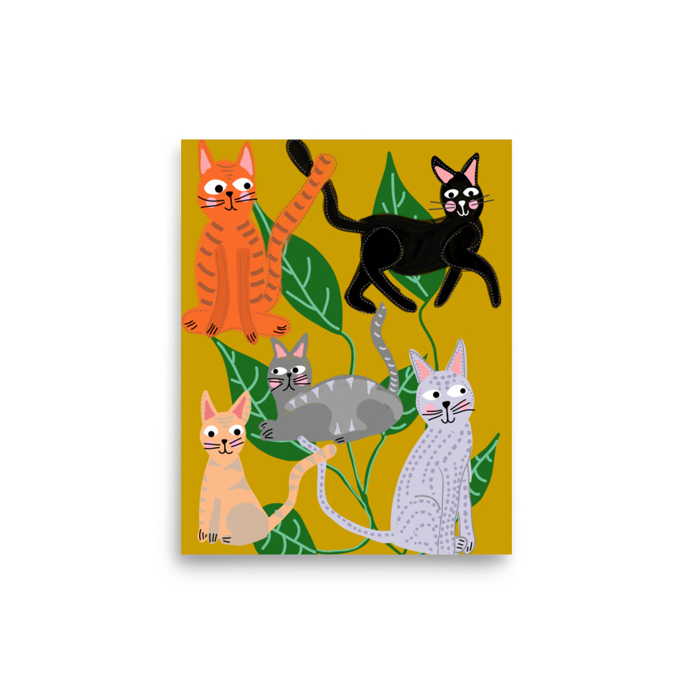 Cats and Leaves Mustard Yellow Art Print - Image 3