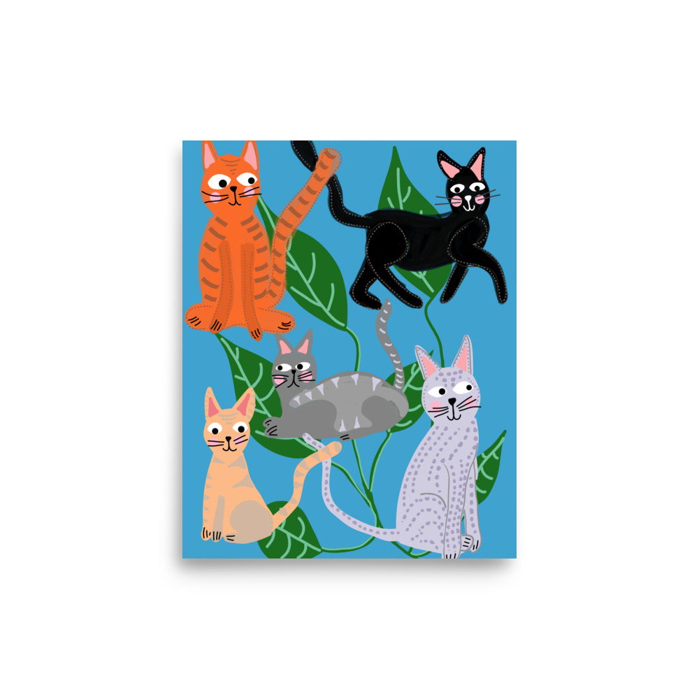 Cats and Leaves Blue Art Print - Image 3