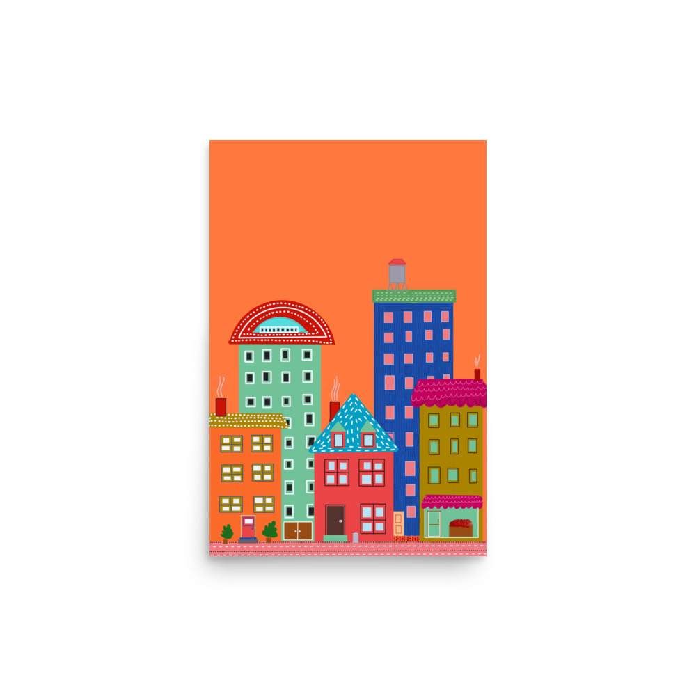 Tangerine Cityscape Folk Style Illustration Urban Morning Art Print - Image 2