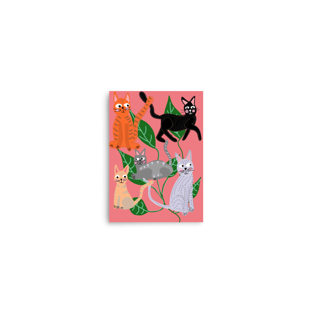 Cats and Leaves Coral Pink Art Print - Image 2
