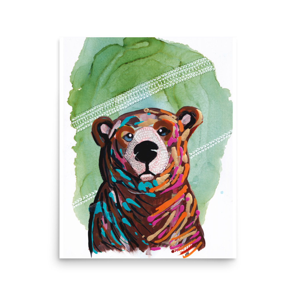 Bear Wildlife Portrait, impressionism painting, Art Print with Green Abstract Background - Image 2