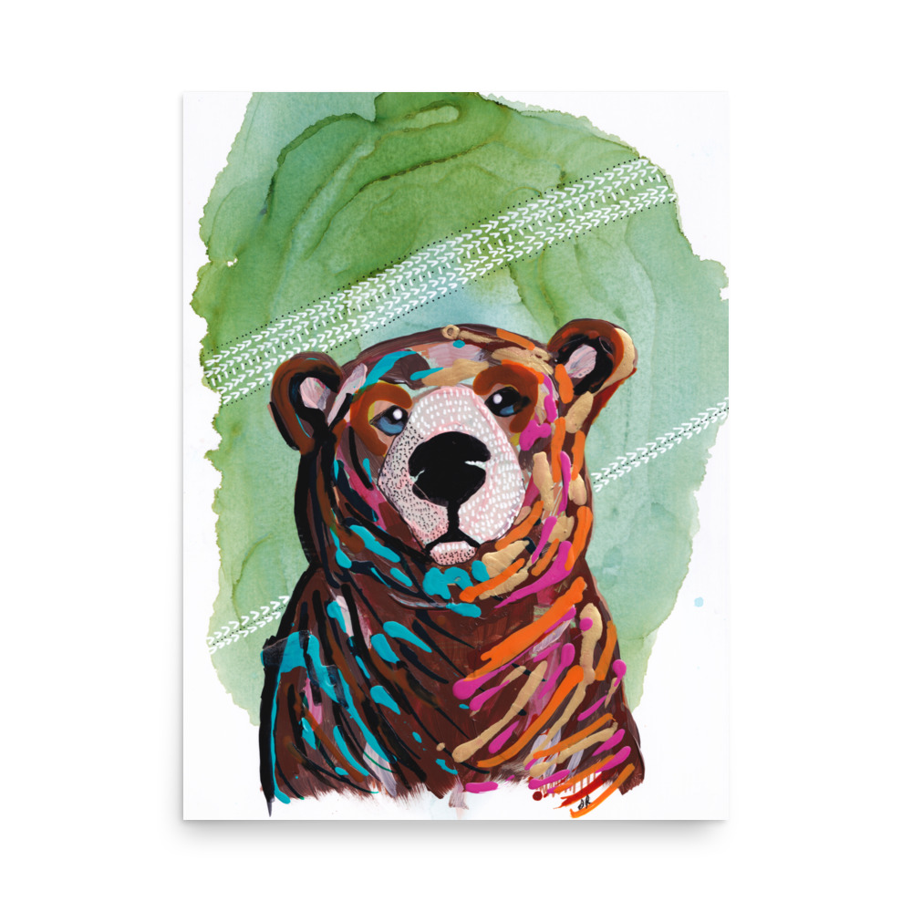 Bear Wildlife Portrait, impressionism painting, Art Print with Green Abstract Background - Image 3