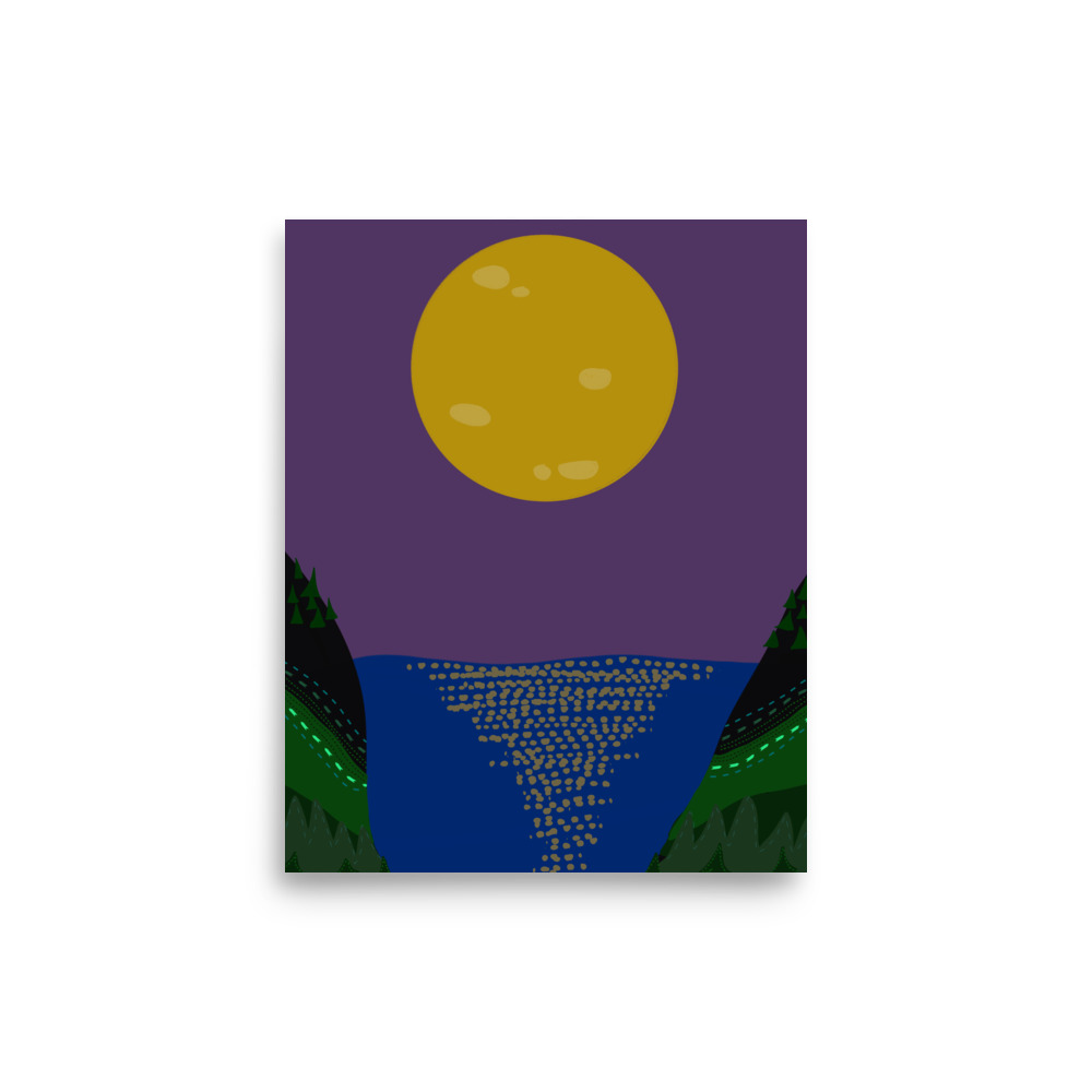 Full Moon Lake Shore Forest Evening Purple Illustration Art Print - Image 3