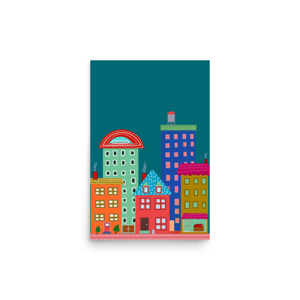 Teal Blue Cityscape Folk Style Illustration Urban Evening Art Print - Image 2