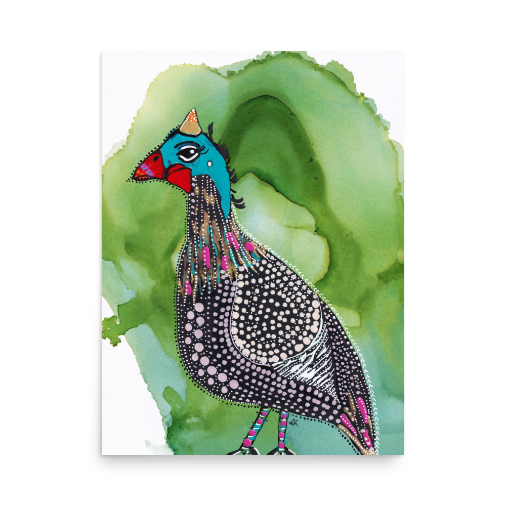 Fiesta Guinea Fowl Hen Bird Green Background Art Print - Image 2