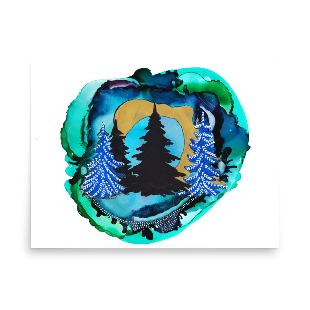 Nordic Pines Surreal Art Print with Gold and Blue - Image 4