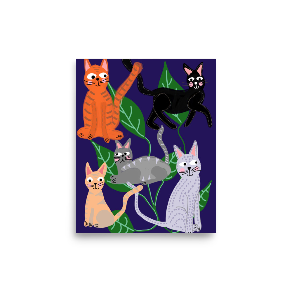Cats and Leaves Indigo Art Print - Image 3