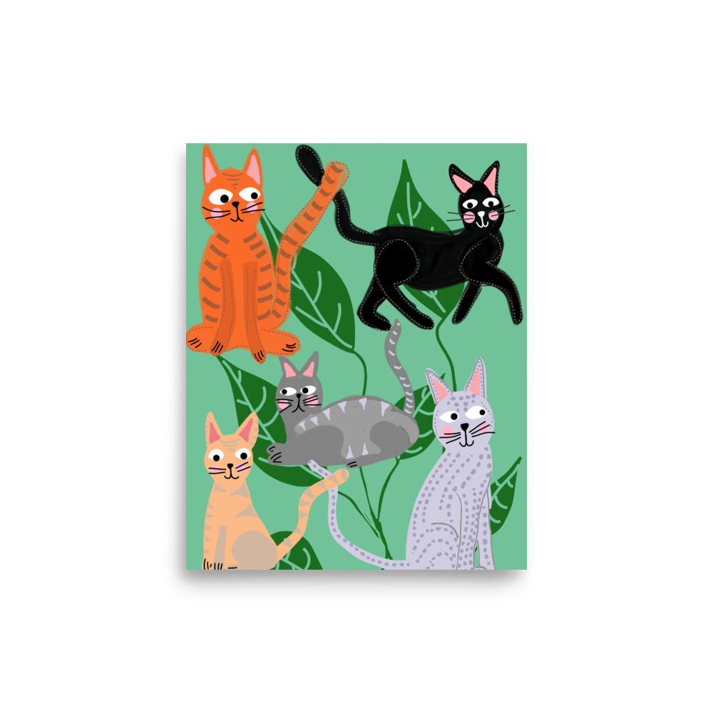 Cats and Leaves Pistachio Green Art Print - Image 3