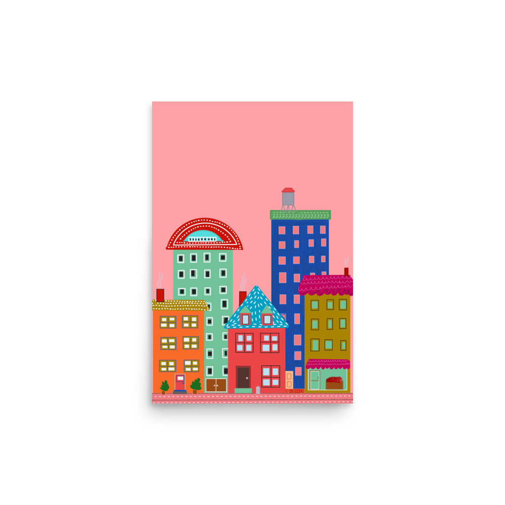 Coral Pink Cityscape Folk Style Illustration Urban afternoon Art Print - Image 2