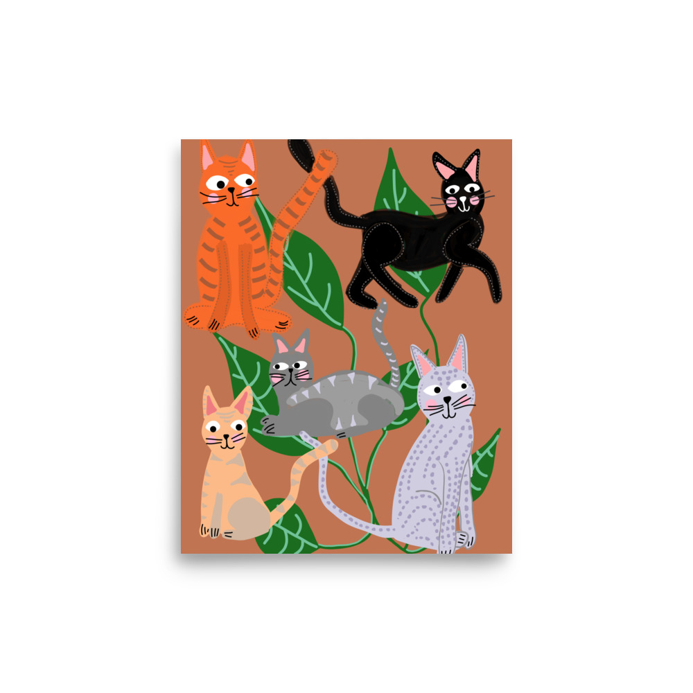 Cats and Leaves Brown Art Print - Image 3