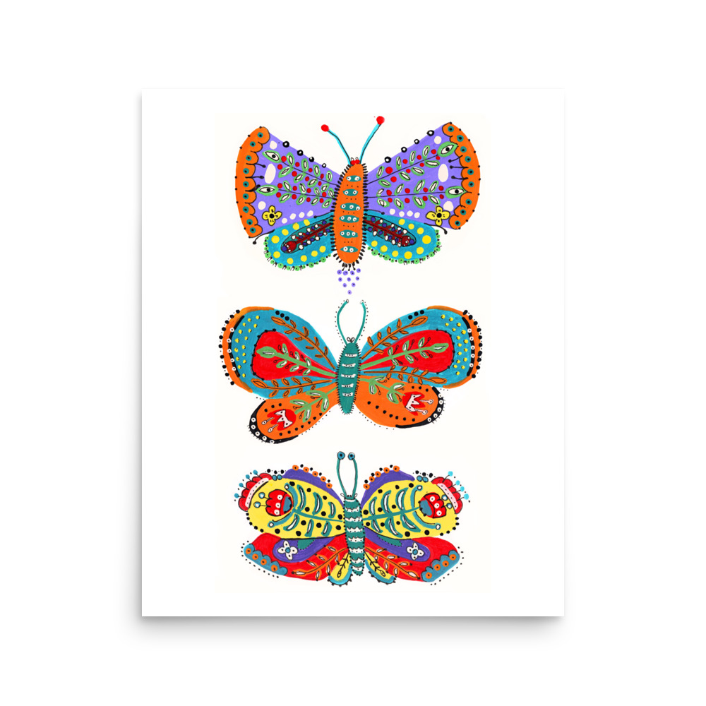 Folk Art Style Butterfly Trio Illustration Art Print - Image 3