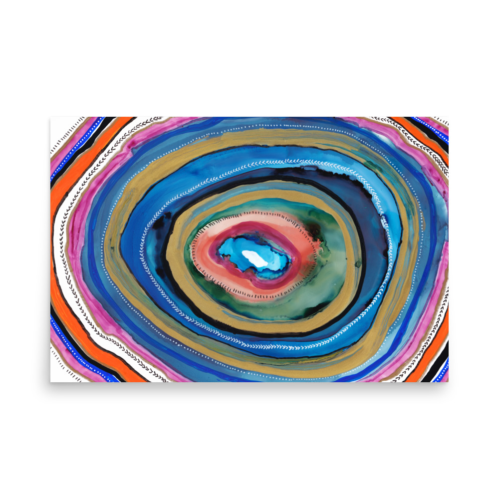 Agate Slice Geode Abstract Painting Art Print Blue Orange Gold - Image 2