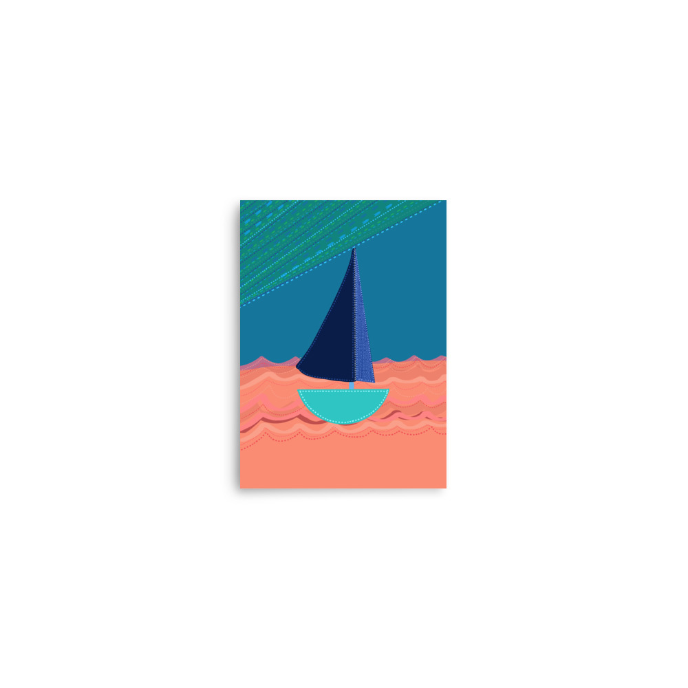 Sailboat Folk Illustration Blue Sunset Art Print - Image 2