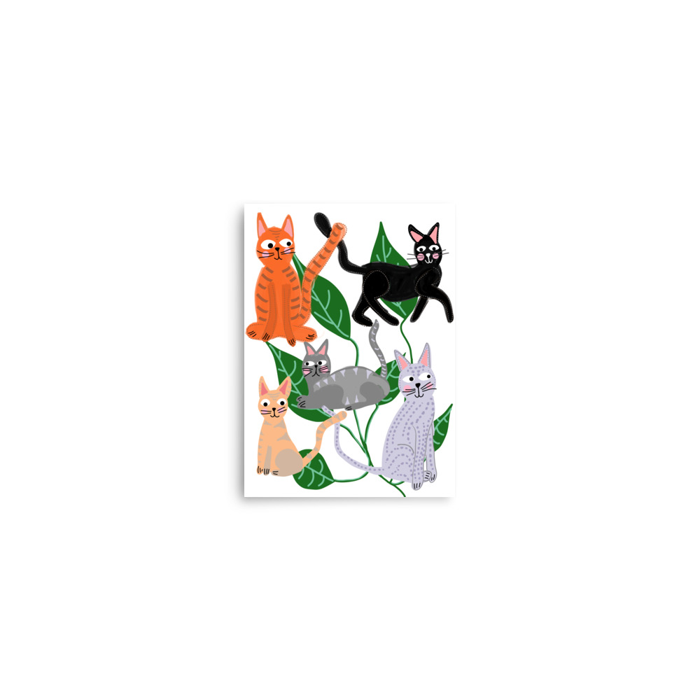 Cats and Leaves White Art Print - Image 2