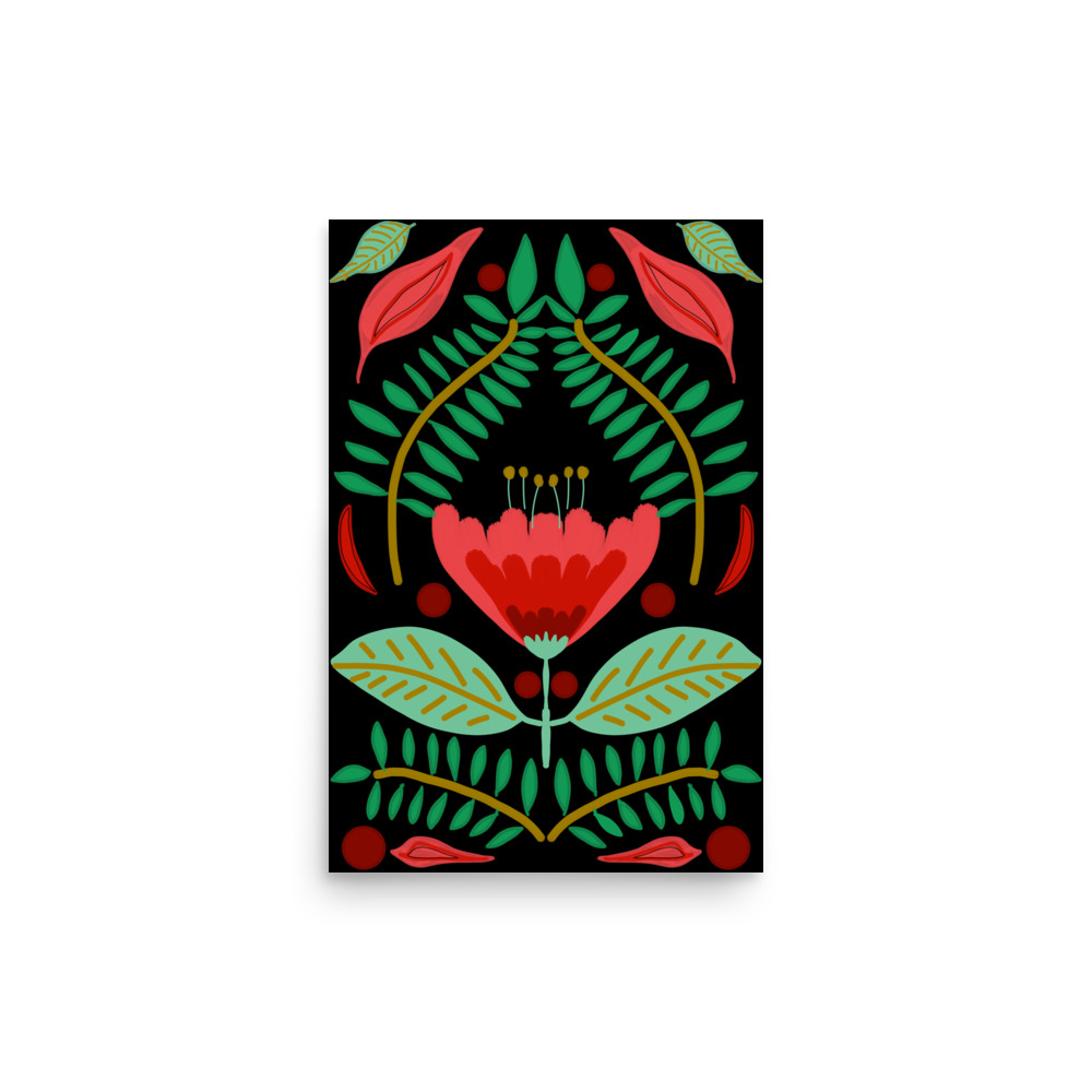 Red Tulip Floral Art Print on Black Background - Image 2