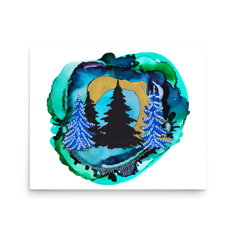 Nordic Pines Surreal Art Print with Gold and Blue - Image 2