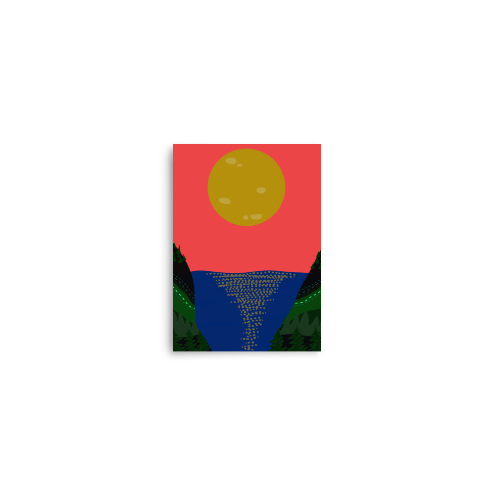 Full Moon Lake Shore Forest Evening Coral Pink Illustration Art Print - Image 2