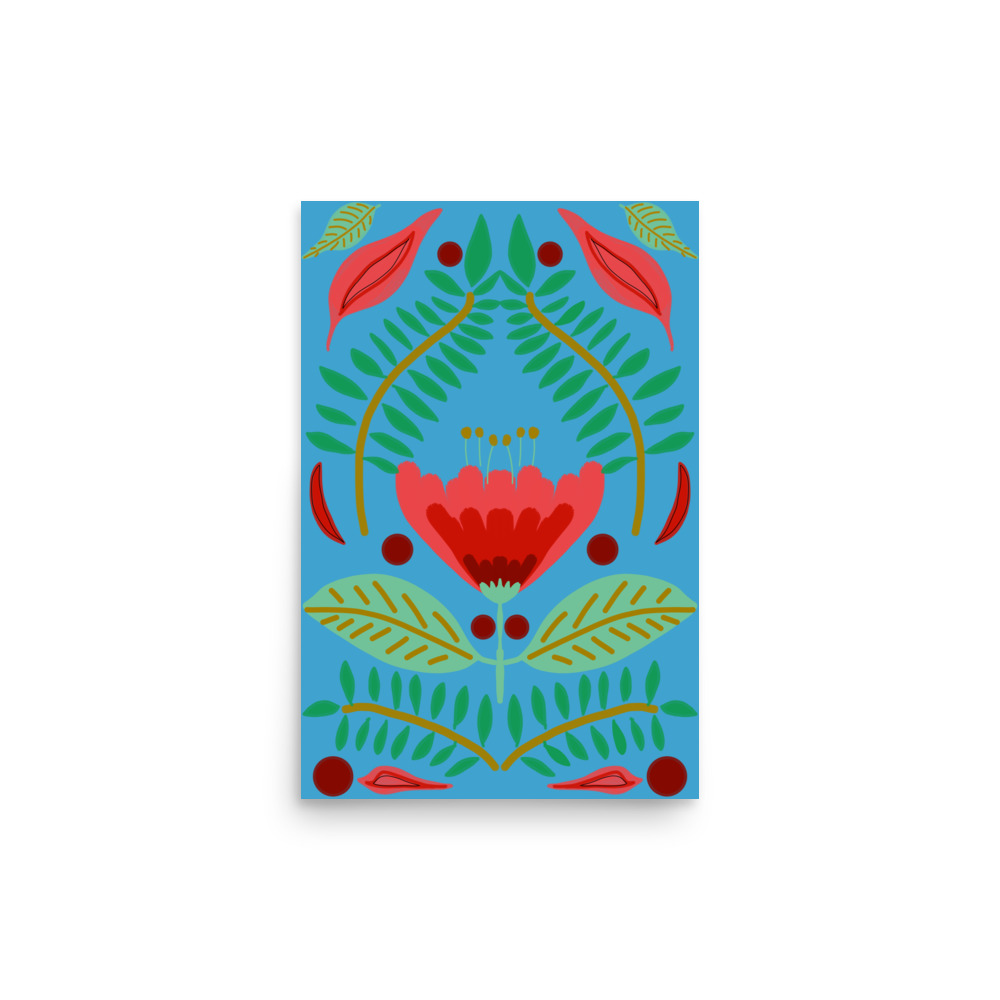 Red Tulip Floral Art Print on Blue Background - Image 2