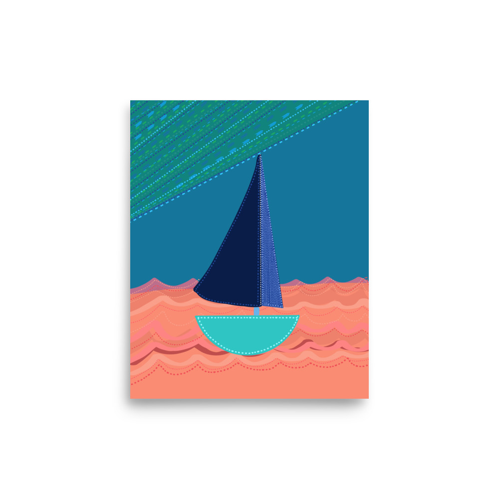 Sailboat Folk Illustration Blue Sunset Art Print - Image 3