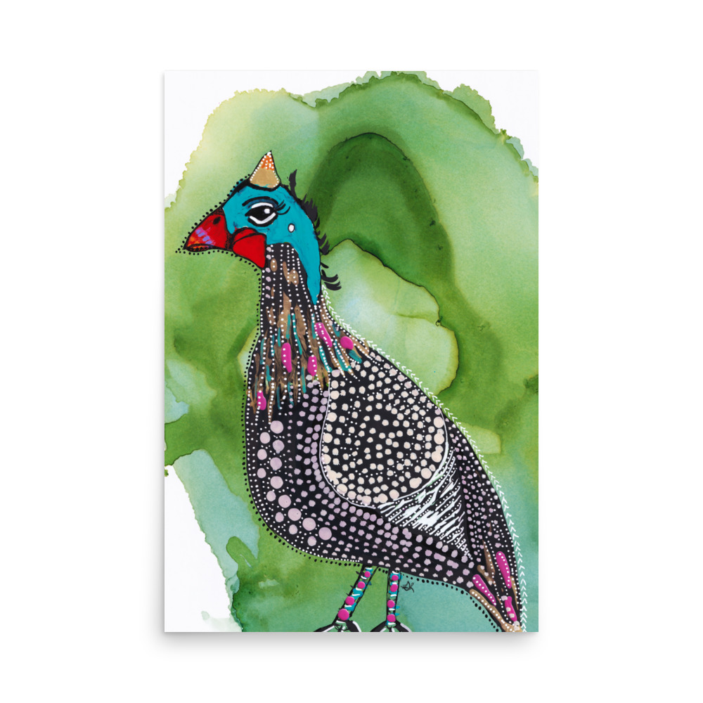Fiesta Guinea Fowl Hen Bird Green Background Art Print - Image 4
