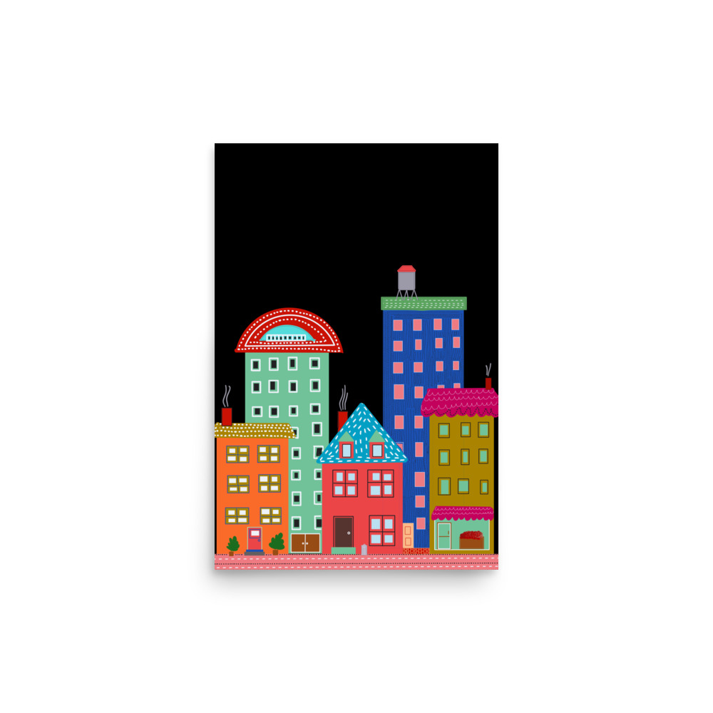 Black Cityscape Folk Style Illustration Urban Evening Art Print - Image 2