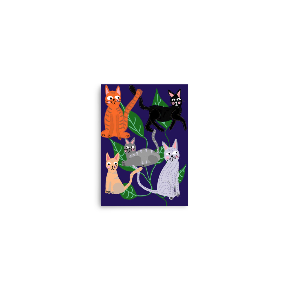 Cats and Leaves Indigo Art Print - Image 2