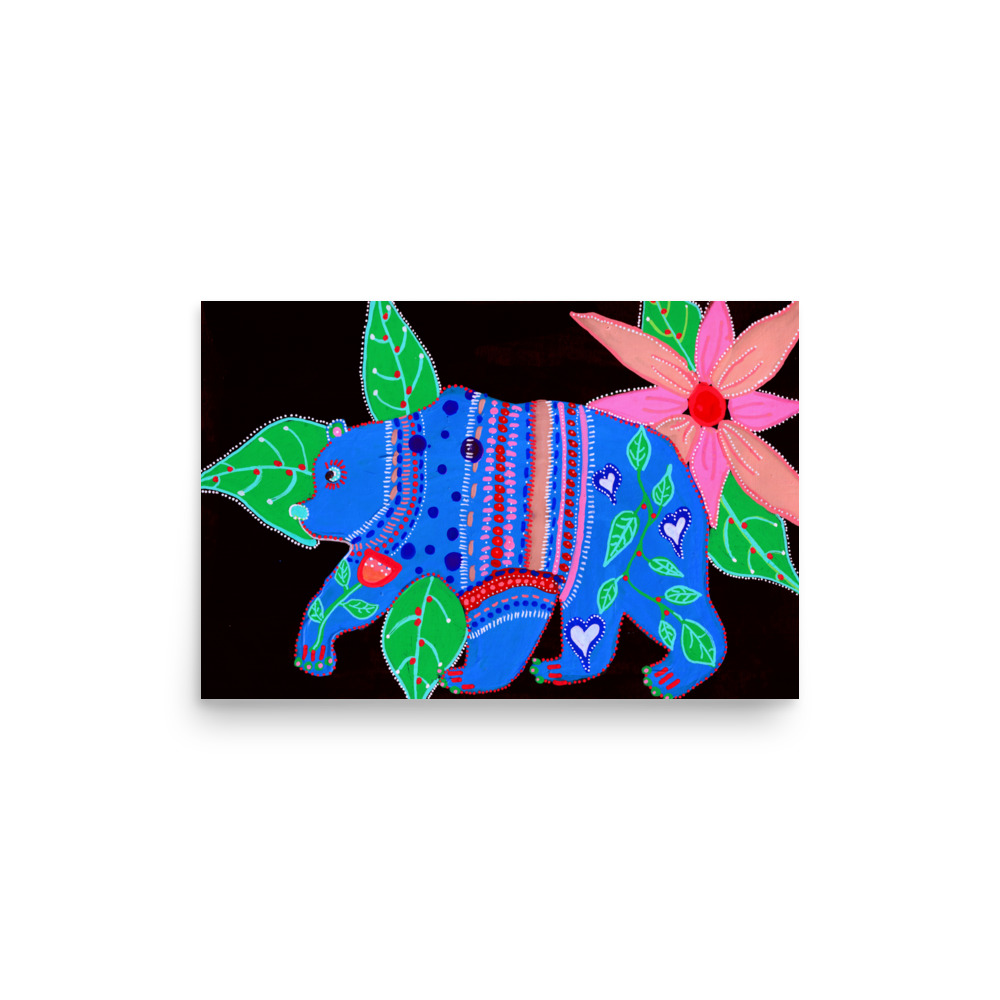 Blue folk Art Bear Art Print - Image 2