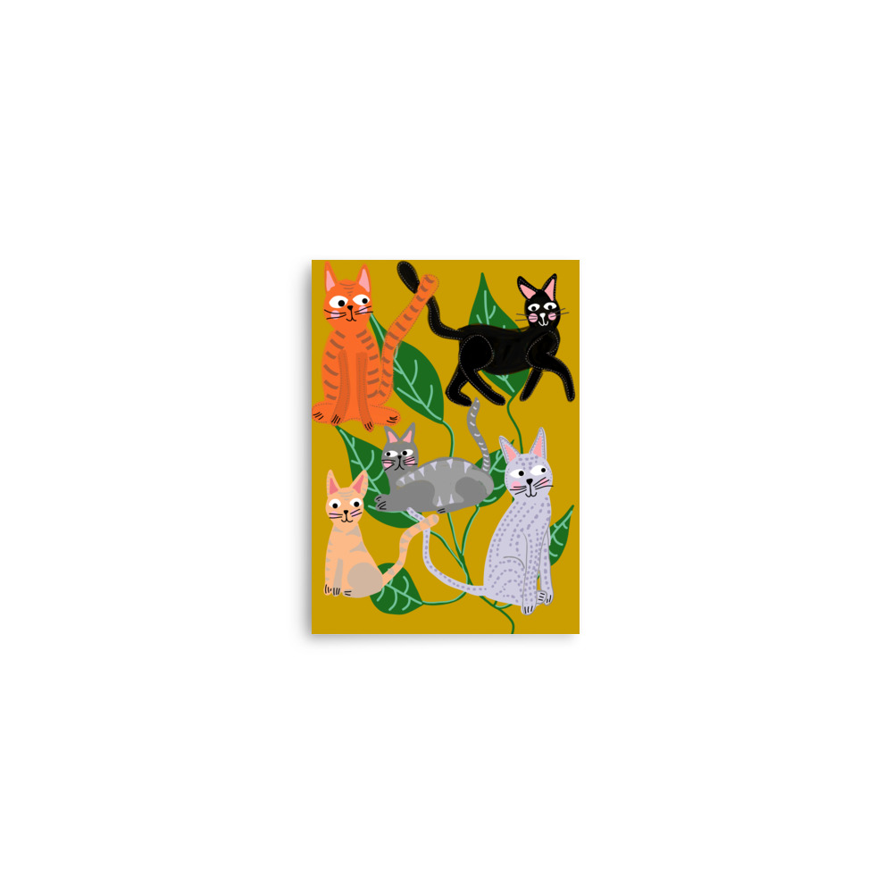 Cats and Leaves Mustard Yellow Art Print - Image 2