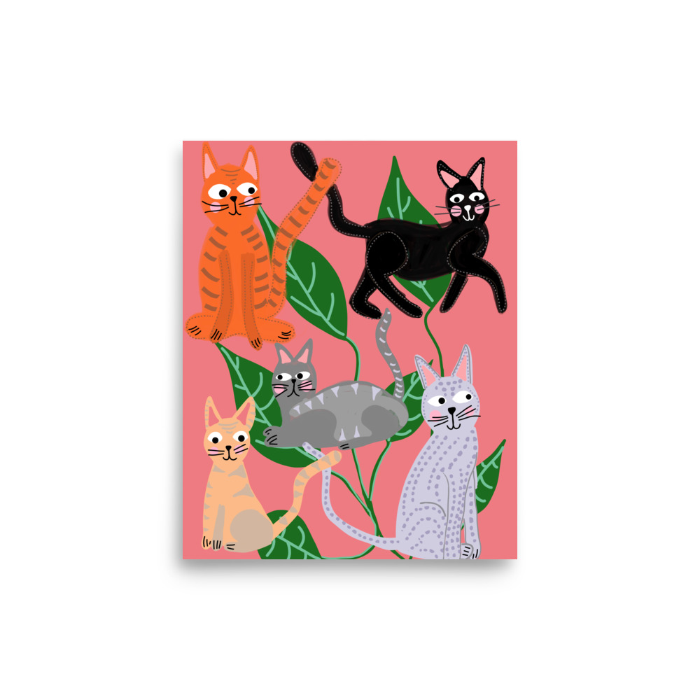 Cats and Leaves Coral Pink Art Print - Image 3
